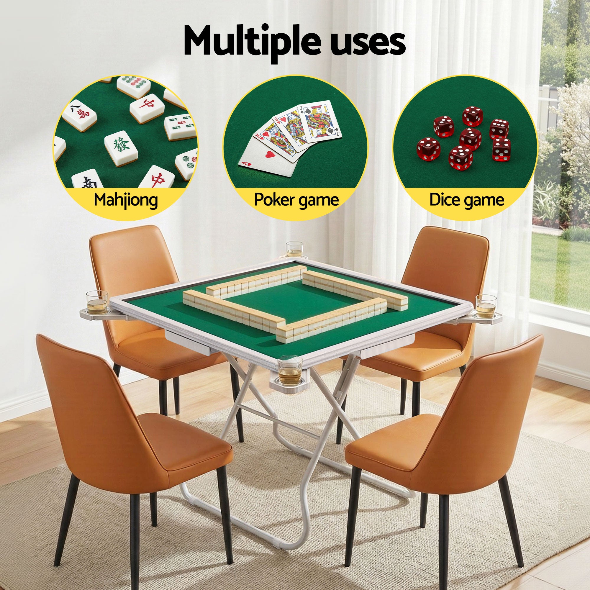Folding Mahjong Table for Home with 4 Drawers and Cup Holders Green SOCCER-88MJ-FOLD-WH