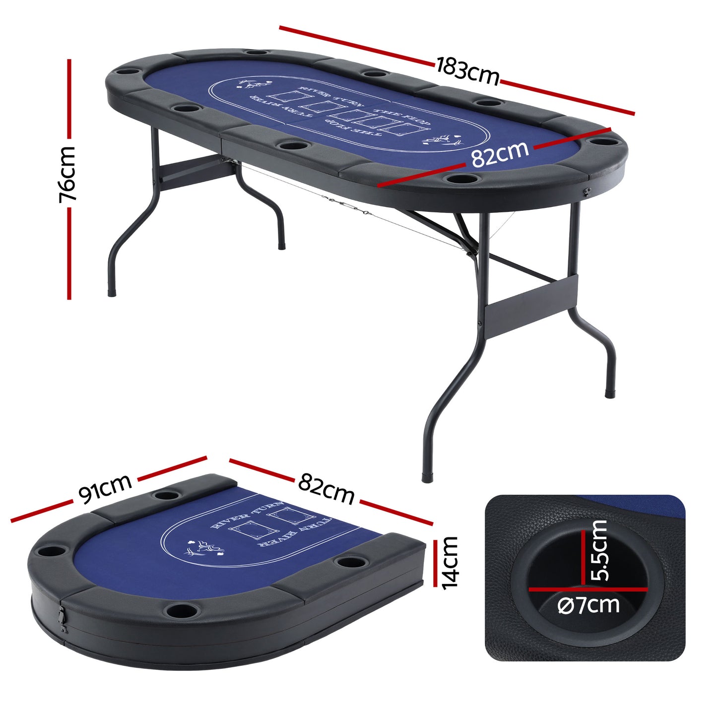 Poker Table Top Folding Poker Table 8 Player 183cm SOCCER-8POK-FOLD-BL