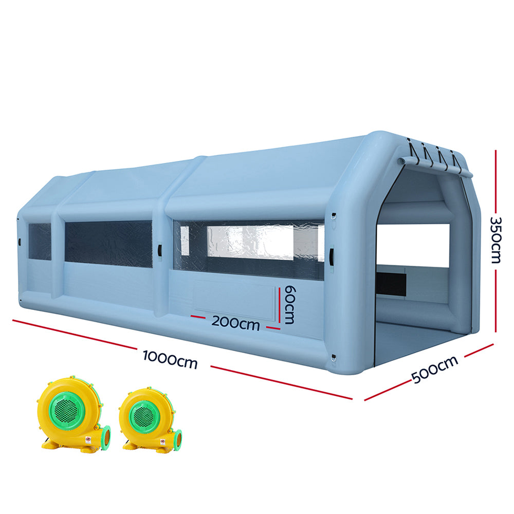 Giantz Inflatable Spray Booth 10X5M Car Paint Tent Filter System 2 Blowers SPRAY-BOOTH-10X5-BL-ABC