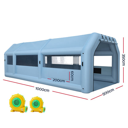 Giantz Inflatable Spray Booth 10X5M Car Paint Tent Filter System 2 Blowers SPRAY-BOOTH-10X5-BL-ABC