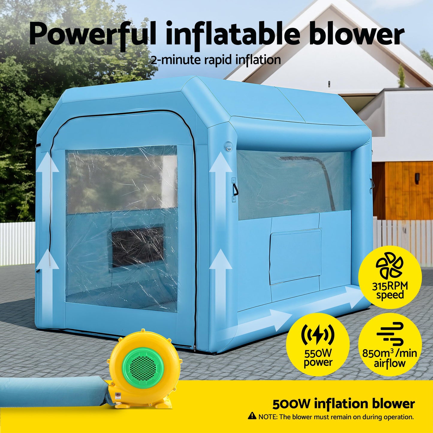 Giantz Inflatable Paint Booth 2.5X2.5X3M Inflatable Spray Booth with 550W Powerful Blower and Air Filter SPRAY-BOOTH-3X2.5-BL