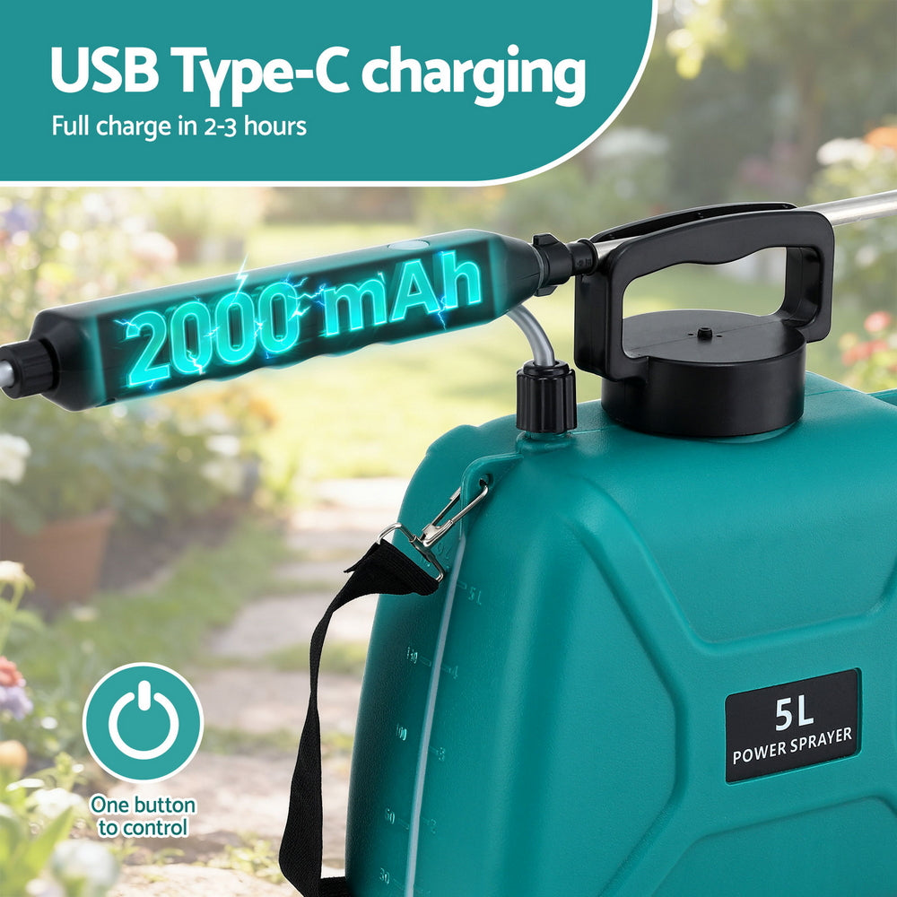 Giantz Weed Sprayer Garden Sprayer USB Charging Electric Shoulder Sprayer 5L SPRAYER-C-5L-GN