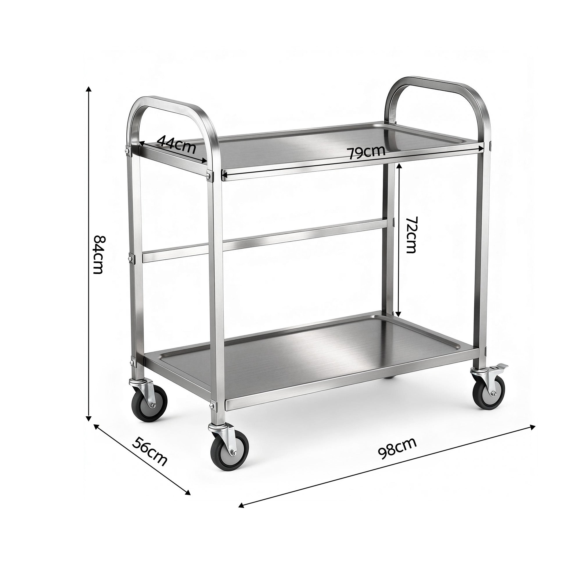 Cefito 2-Tier Stainless Steel Kitchen Trolley with Wheels 84x56x98cm SSKB-201S-2TWHEEL-33
