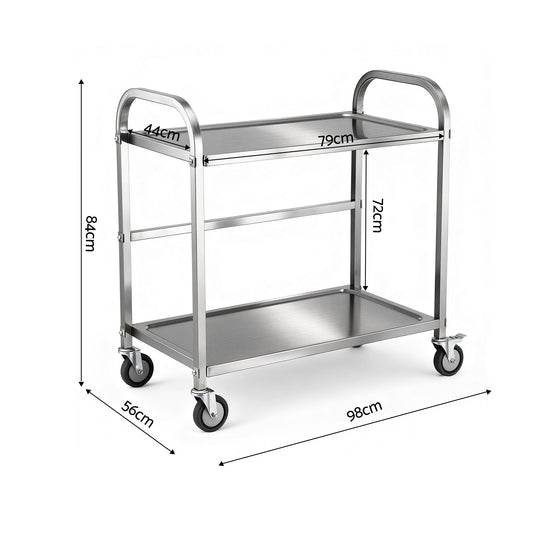 Cefito 2-Tier Stainless Steel Kitchen Trolley with Wheels 84x56x98cm SSKB-201S-2TWHEEL-33