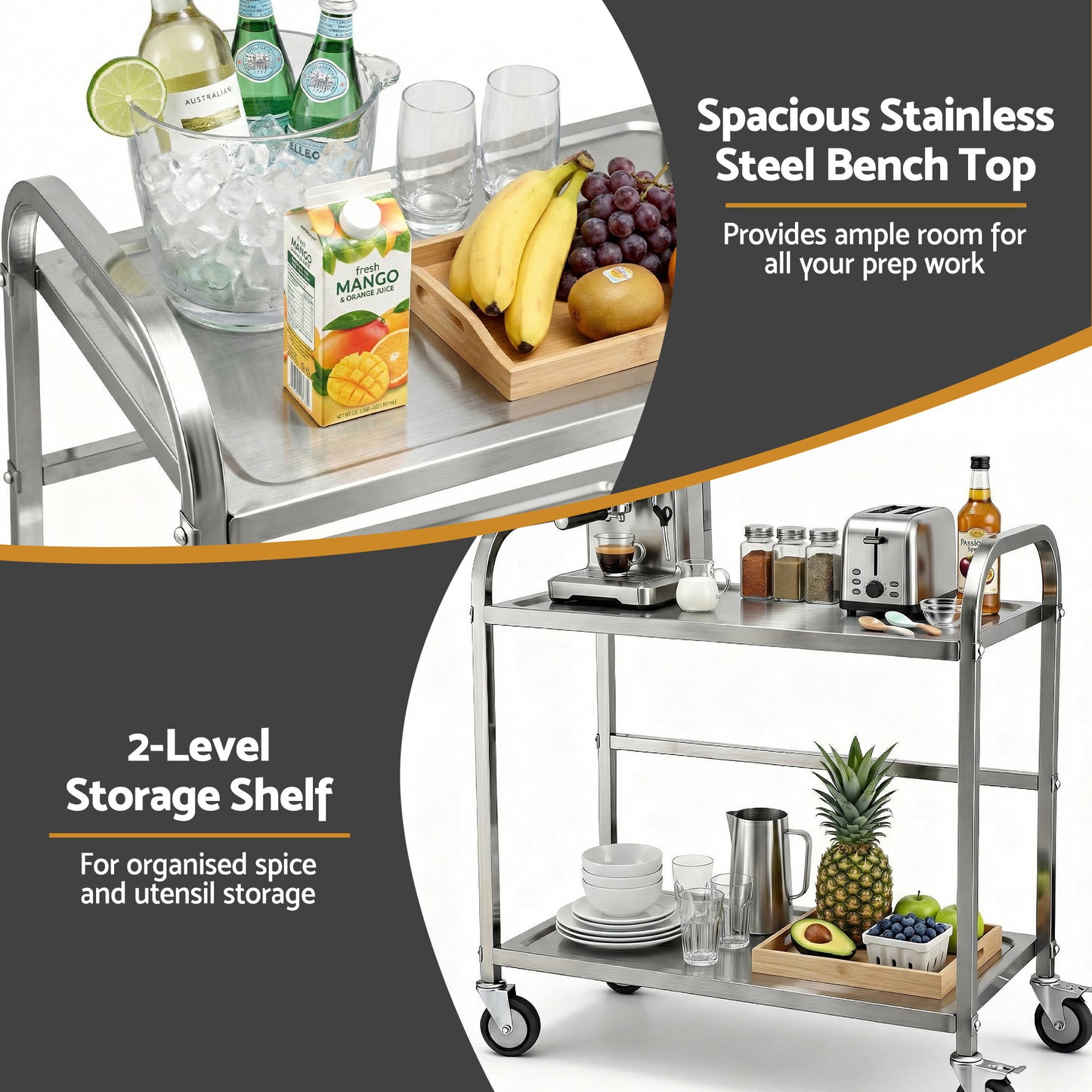 Cefito 2-Tier Stainless Steel Kitchen Trolley with Wheels 84x56x98cm SSKB-201S-2TWHEEL-33
