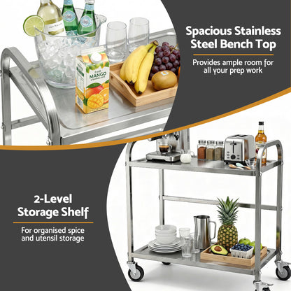 Cefito 2-Tier Stainless Steel Kitchen Trolley with Wheels 84x56x98cm SSKB-201S-2TWHEEL-33