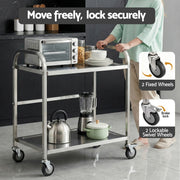 Cefito 2-Tier Stainless Steel Kitchen Trolley with Wheels 84x56x98cm SSKB-201S-2TWHEEL-33