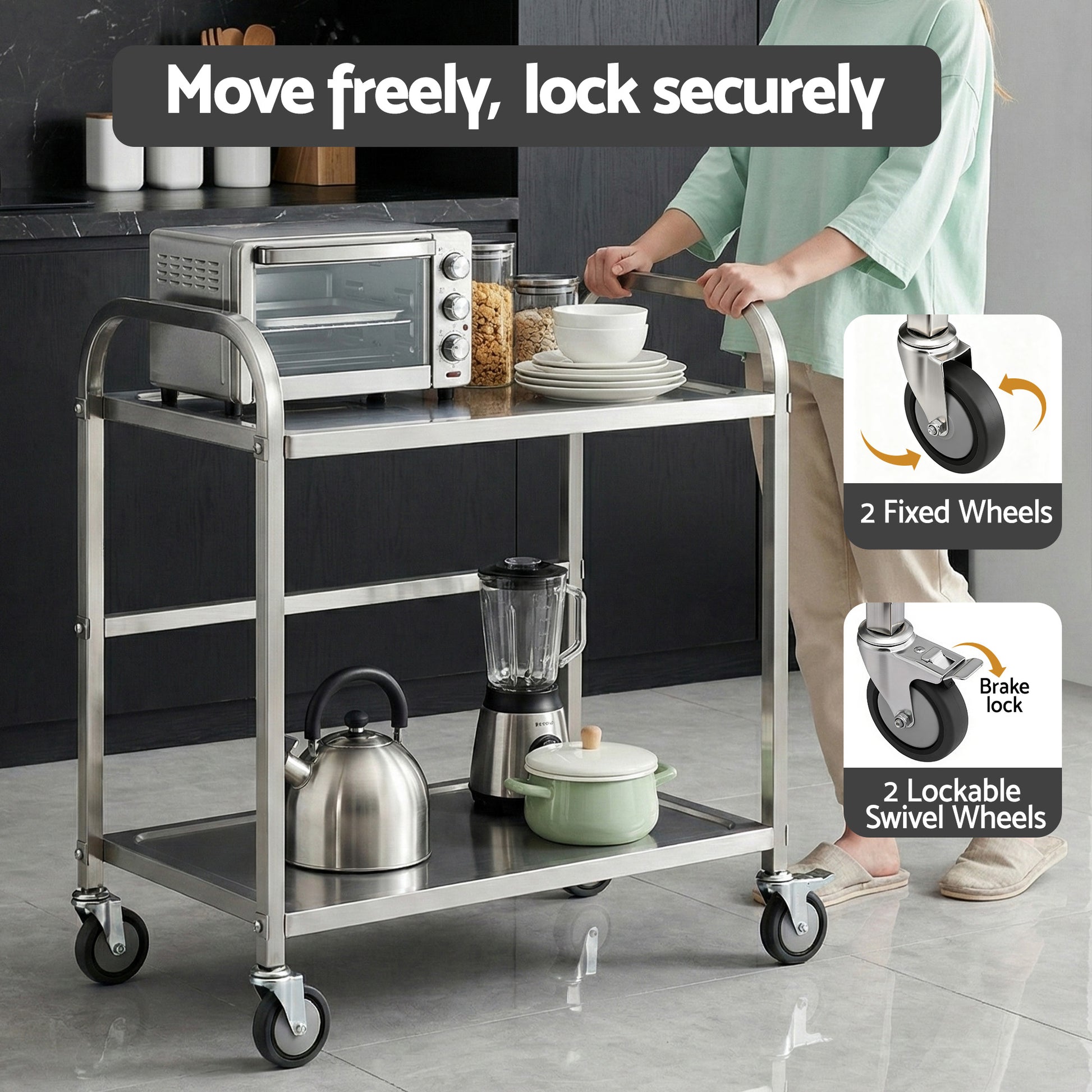 Cefito 2-Tier Stainless Steel Kitchen Trolley with Wheels 84x56x98cm SSKB-201S-2TWHEEL-33