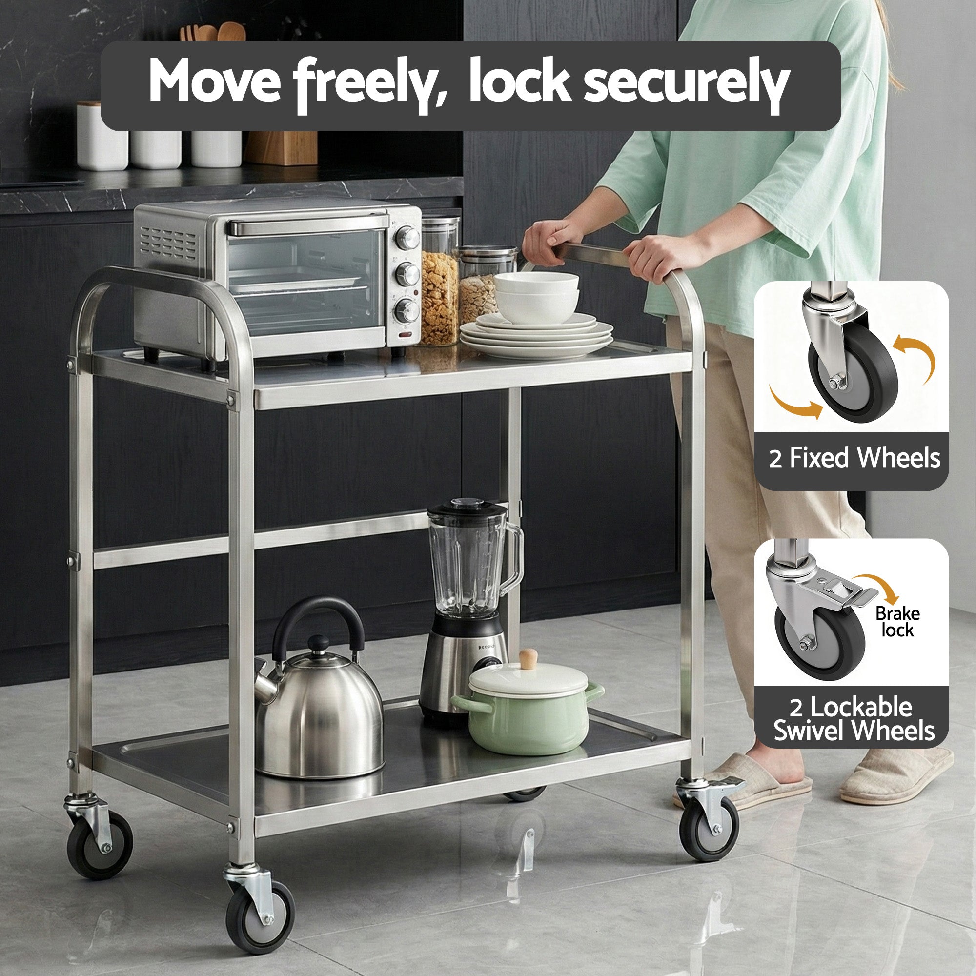 Cefito 2-Tier Stainless Steel Kitchen Trolley with Wheels 84x56x98cm SSKB-201S-2TWHEEL-33