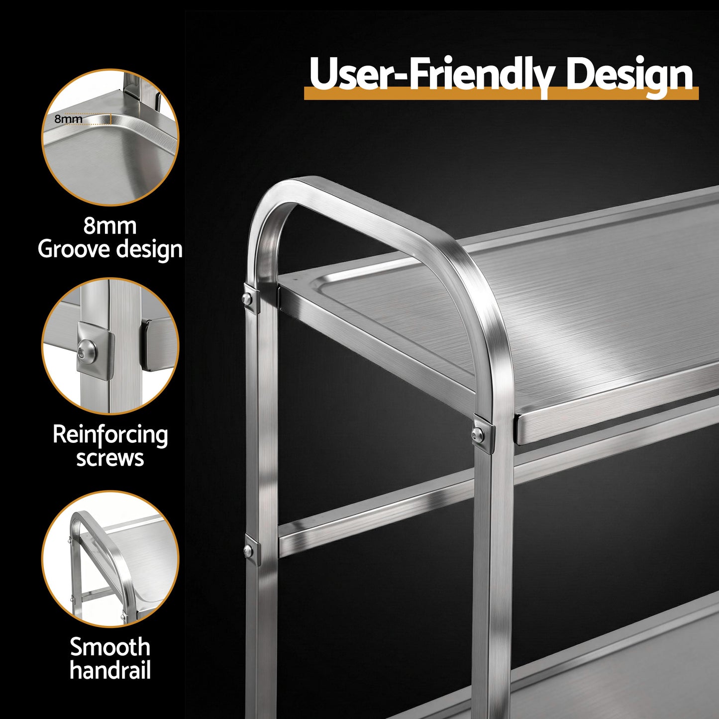 Cefito 2-Tier Stainless Steel Kitchen Trolley with Wheels 84x56x98cm SSKB-201S-2TWHEEL-33