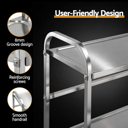 Cefito 2-Tier Stainless Steel Kitchen Trolley with Wheels 84x56x98cm SSKB-201S-2TWHEEL-33