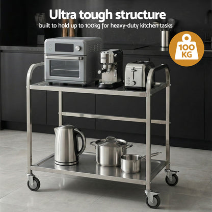 Cefito 2-Tier Stainless Steel Kitchen Trolley with Wheels 84x56x98cm SSKB-201S-2TWHEEL-33