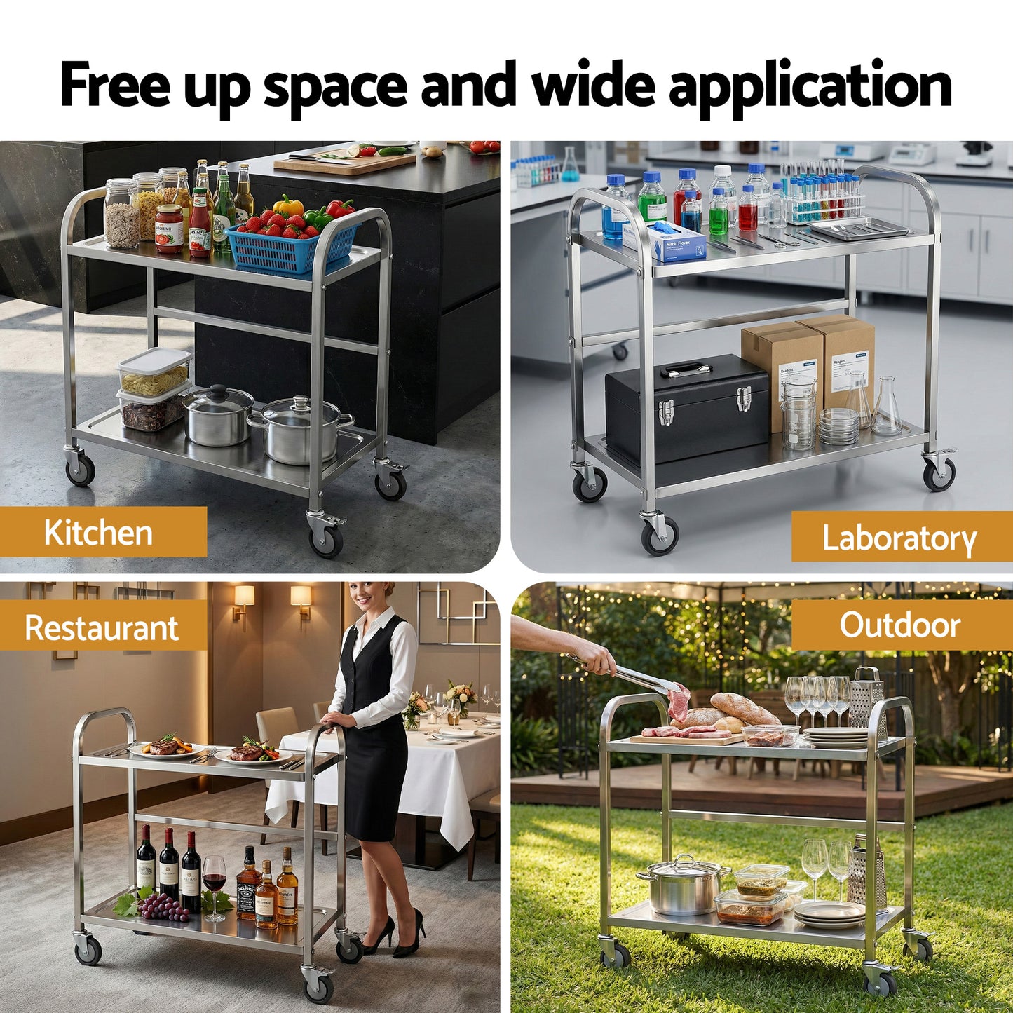Cefito 2-Tier Stainless Steel Kitchen Trolley with Wheels 84x56x98cm SSKB-201S-2TWHEEL-33