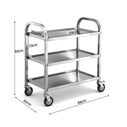 Cefito 3-Tier Stainless Steel Kitchen Trolley with Wheels 89X50X83cm SSKB-201S-3TWHEEL-29