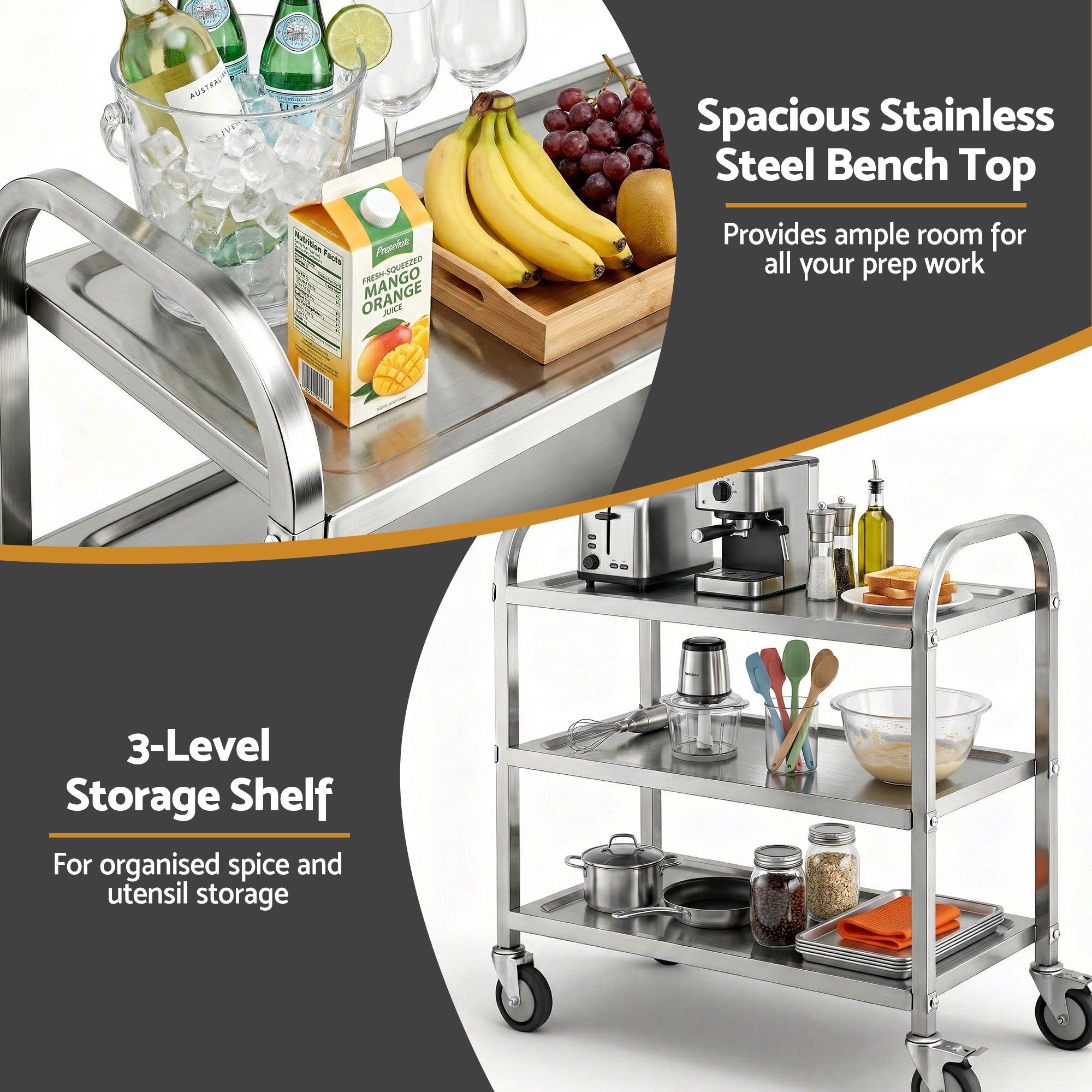 Cefito 3-Tier Stainless Steel Kitchen Trolley with Wheels 89X50X83cm SSKB-201S-3TWHEEL-29