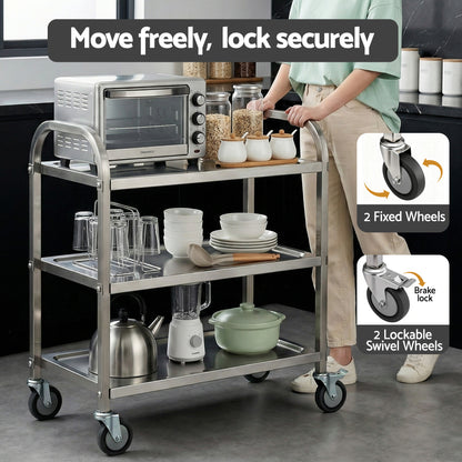 Cefito 3-Tier Stainless Steel Kitchen Trolley with Wheels 89X50X83cm SSKB-201S-3TWHEEL-29
