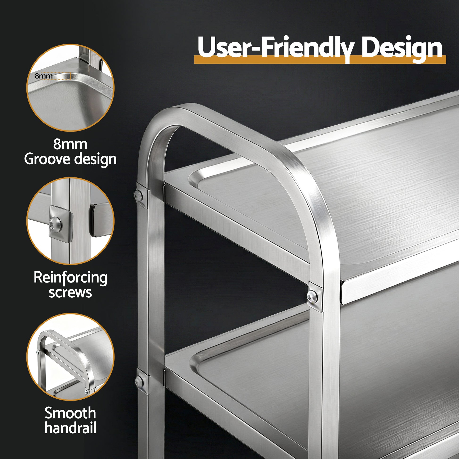 Cefito 3-Tier Stainless Steel Kitchen Trolley with Wheels 89X50X83cm SSKB-201S-3TWHEEL-29