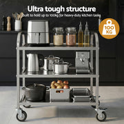 Cefito 3-Tier Stainless Steel Kitchen Trolley with Wheels 89X50X83cm SSKB-201S-3TWHEEL-29