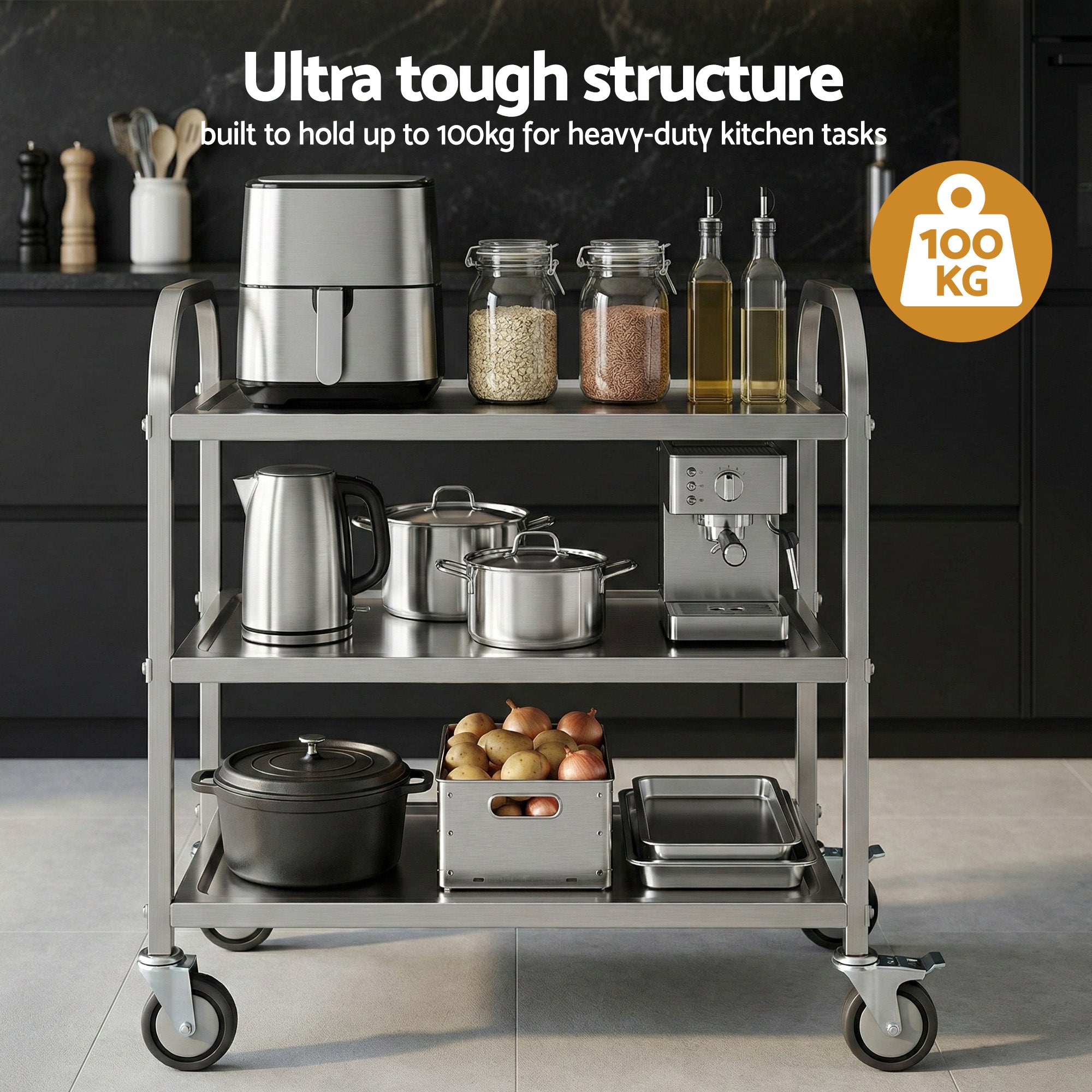 Cefito 3-Tier Stainless Steel Kitchen Trolley with Wheels 89X50X83cm SSKB-201S-3TWHEEL-29