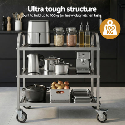 Cefito 3-Tier Stainless Steel Kitchen Trolley with Wheels 89X50X83cm SSKB-201S-3TWHEEL-29