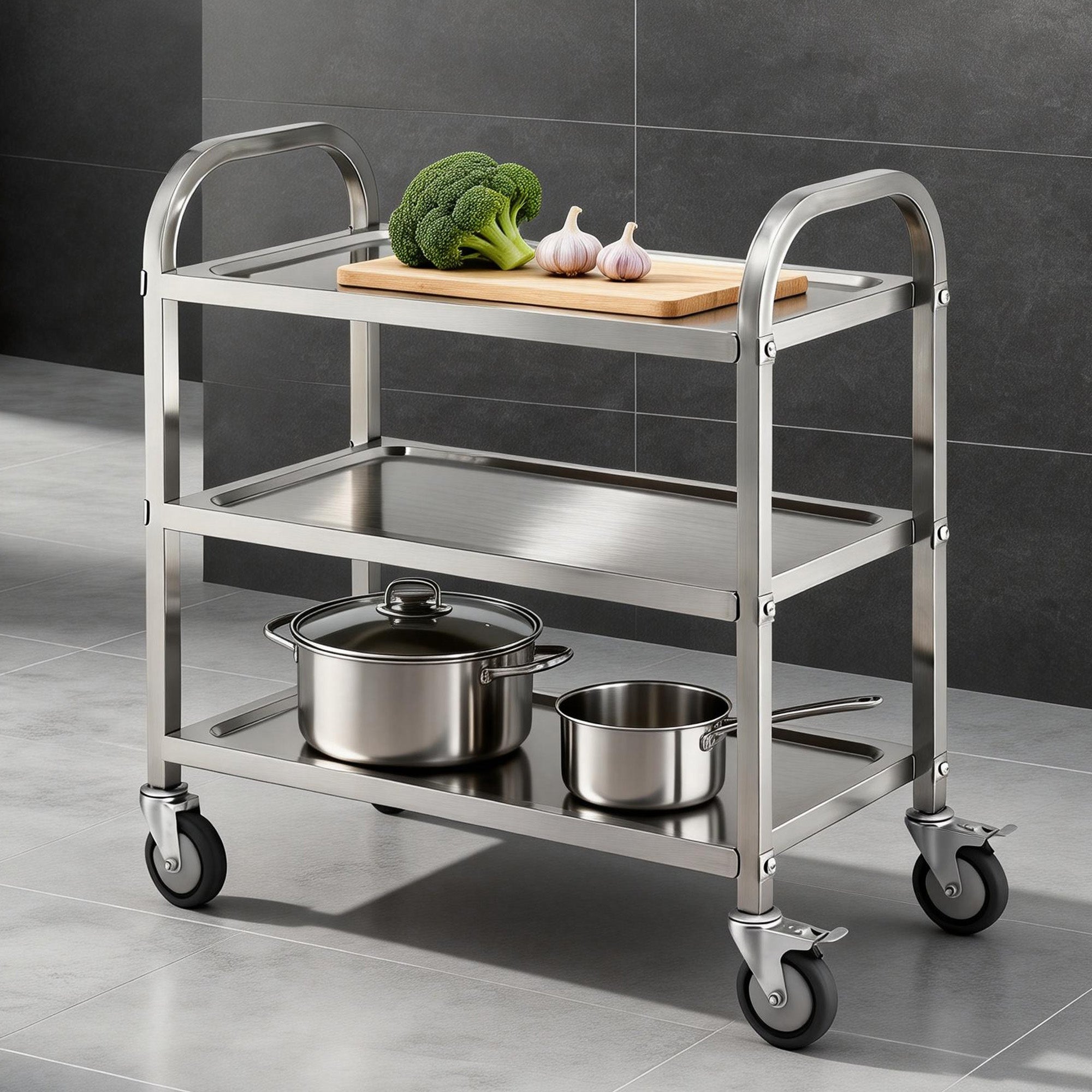 Cefito 3-Tier Stainless Steel Kitchen Trolley with Wheels 89X50X83cm SSKB-201S-3TWHEEL-29