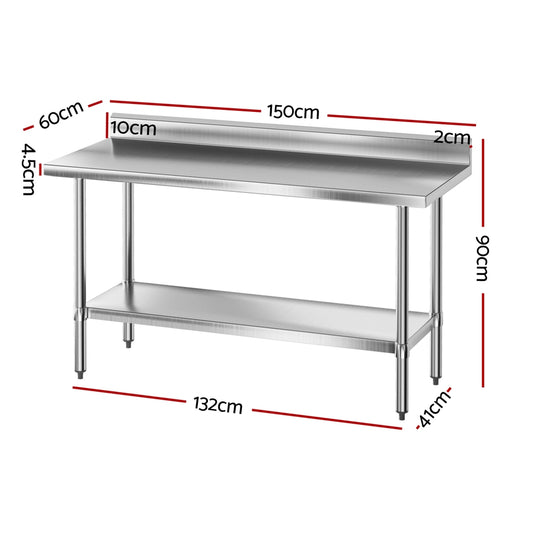 Cefito Stainless Steel Kitchen Bench w/ Splashback 1500x600MM 430 SSKB-430S-59H