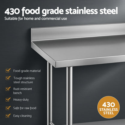 Cefito Stainless Steel Kitchen Bench w/ Splashback 1500x600MM 430 SSKB-430S-59H
