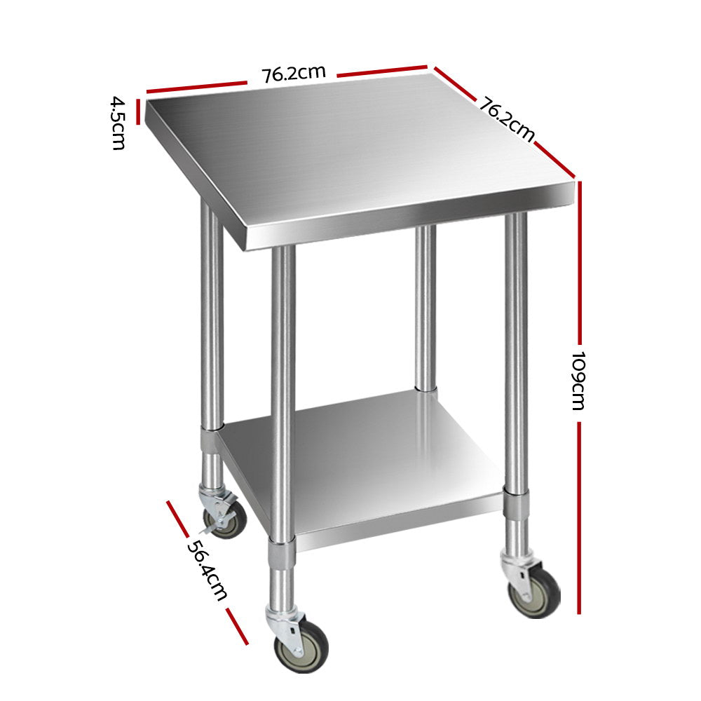 Cefito 760x760mm Stainless Steel Kitchen Bench with Wheels 430 SSKB-430S-76-WHEEL-30