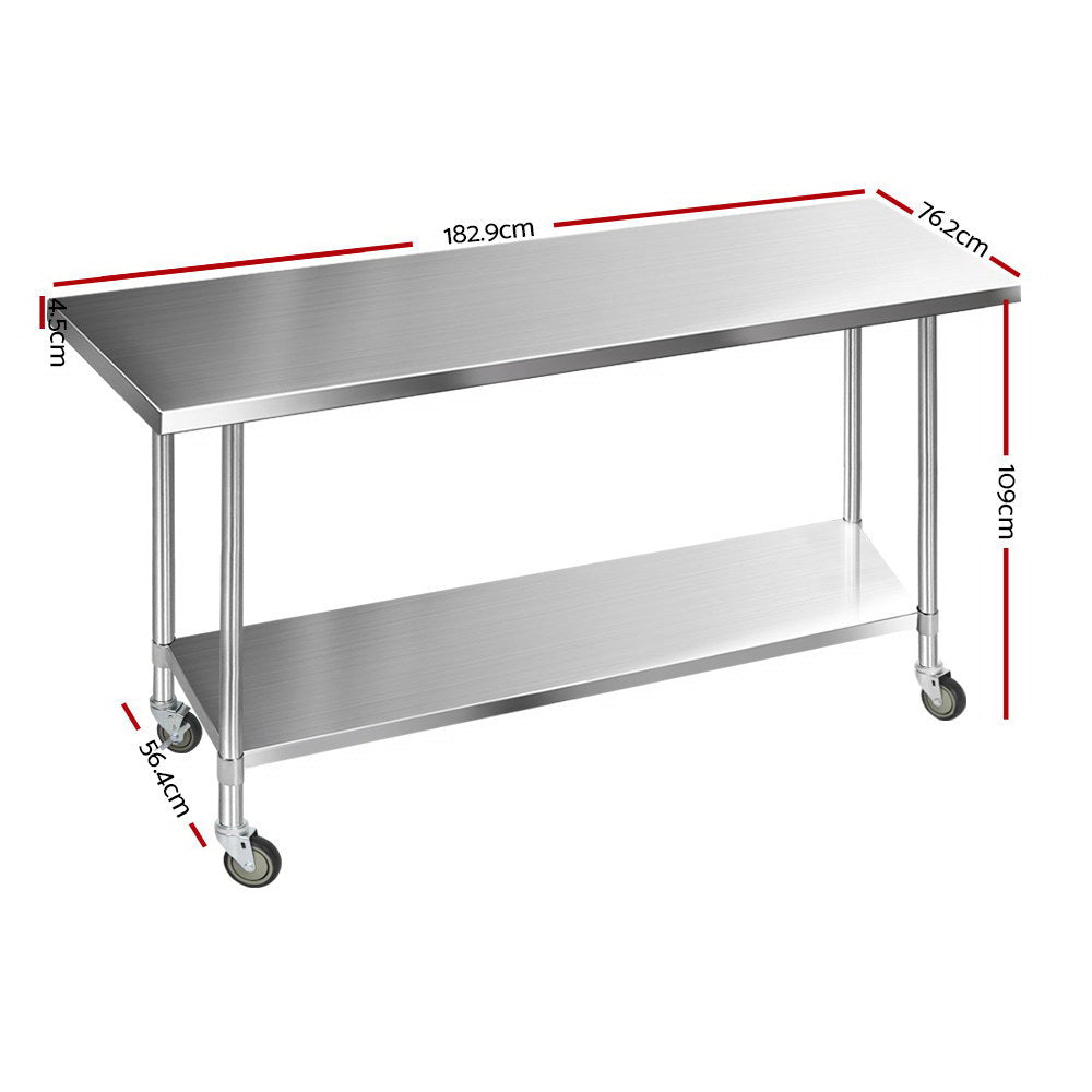 Cefito 1829x760mm Stainless Steel Kitchen Bench with Wheels 430 SSKB-430S-76-WHEEL-72