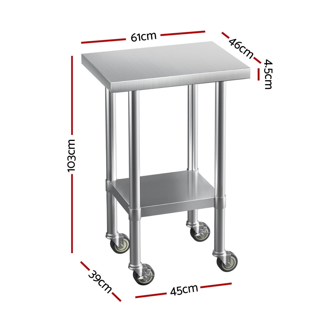 Cefito Stainless Steel Kitchen Benches Work Bench Wheels 61X46CM 430 SSKB-430S-WHEEL-24-18