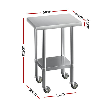 Cefito Stainless Steel Kitchen Benches Work Bench Wheels 61X46CM 430 SSKB-430S-WHEEL-24-18