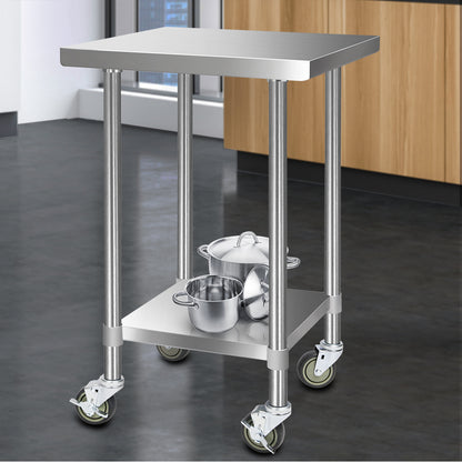 Cefito 610x610mm Stainless Steel Kitchen Bench with Wheels 430 SSKB-430S-WHEEL-24