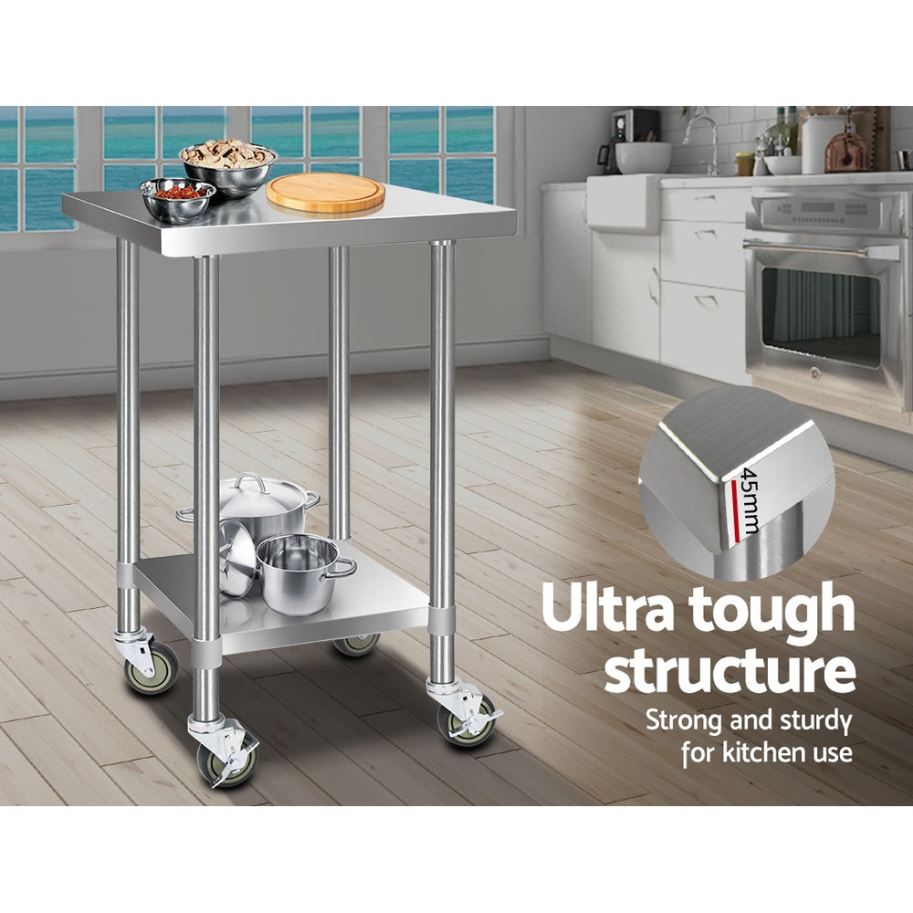 Cefito 610x610mm Stainless Steel Kitchen Bench with Wheels 430 SSKB-430S-WHEEL-24