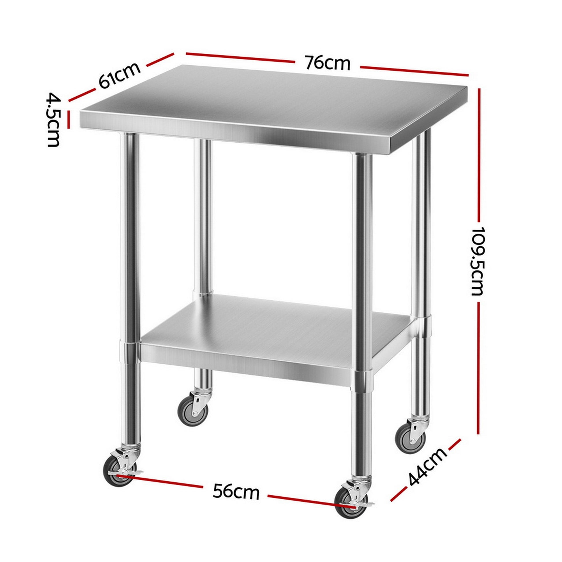 Cefito Stainless Steel Kitchen Bench w/ Splashback 760x610MM 430 SSKB-430S-WHEEL-30-24