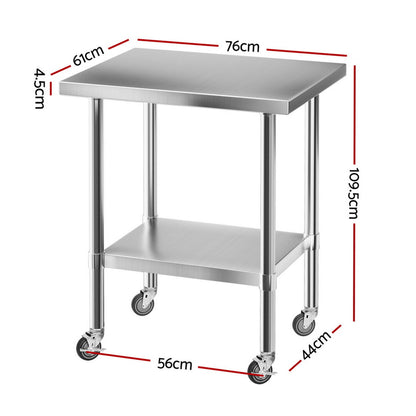 Cefito Stainless Steel Kitchen Bench w/ Splashback 760x610MM 430 SSKB-430S-WHEEL-30-24