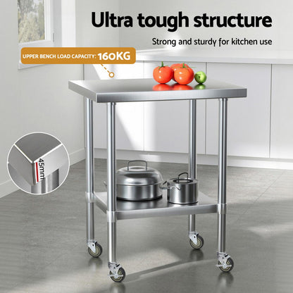 Cefito Stainless Steel Kitchen Bench w/ Splashback 760x610MM 430 SSKB-430S-WHEEL-30-24