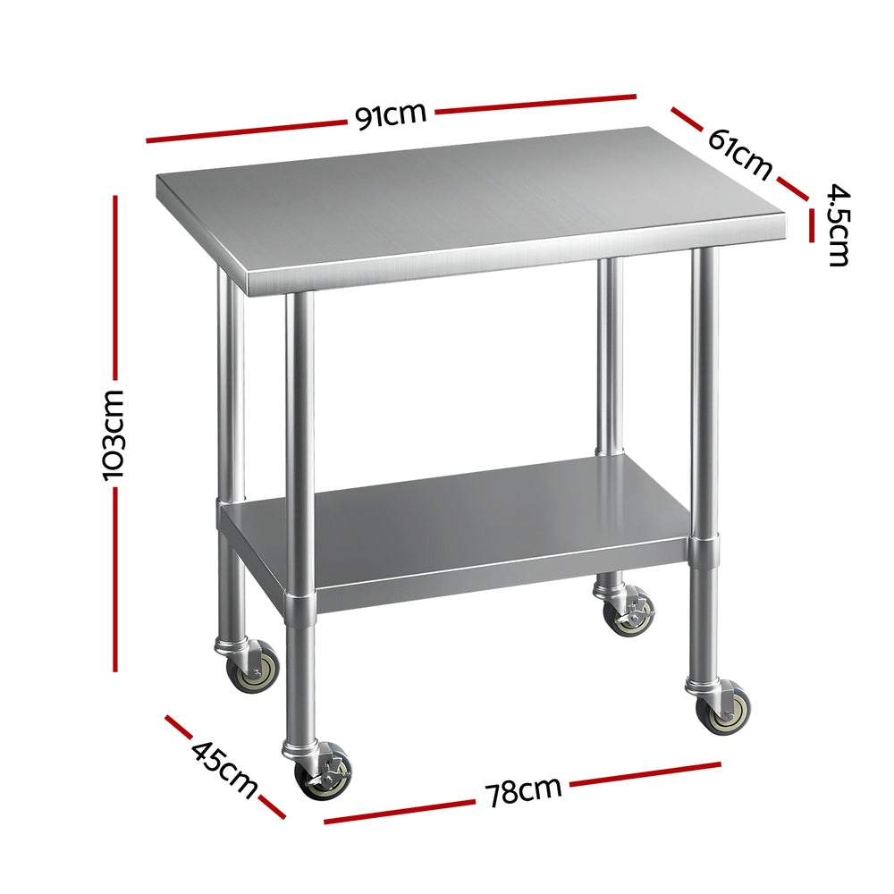 Cefito Stainless Steel Kitchen Benches Work Bench Wheels 91X61CM 430 SSKB-430S-WHEEL-36