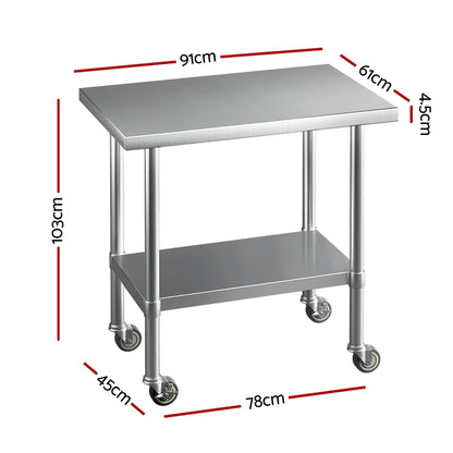 Cefito Stainless Steel Kitchen Benches Work Bench Wheels 91X61CM 430 SSKB-430S-WHEEL-36