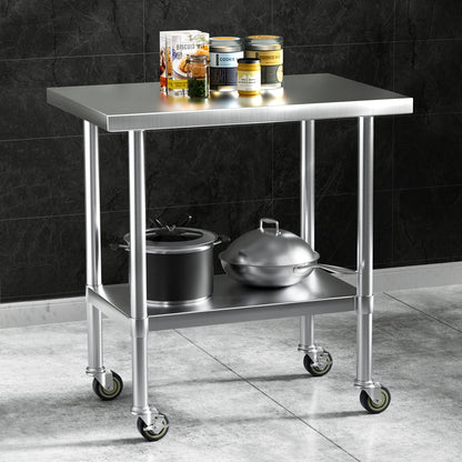 Cefito Stainless Steel Kitchen Benches Work Bench Wheels 91X61CM 430 SSKB-430S-WHEEL-36