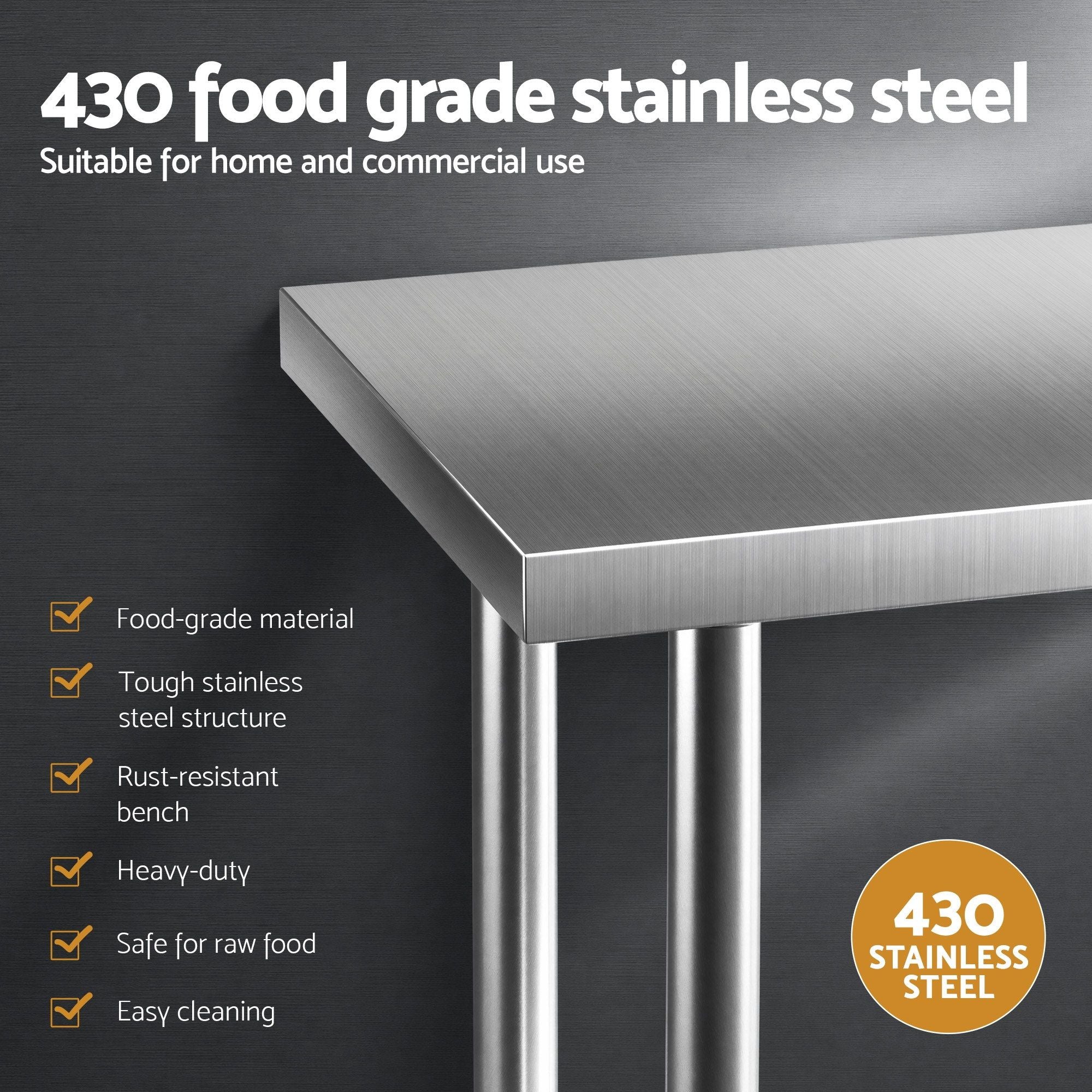 Cefito 914x762mm Stainless Steel Kitchen Bench w/ Splashback Work Table Prep Bench Commercial 430