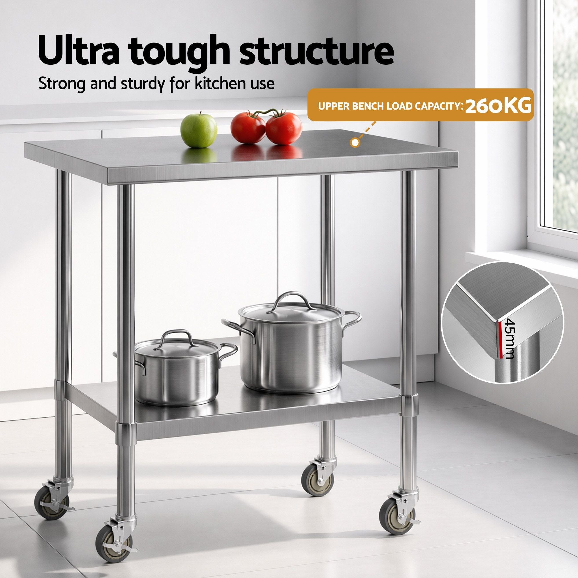 Cefito 914x762mm Stainless Steel Kitchen Bench w/ Splashback Work Table Prep Bench Commercial 430
