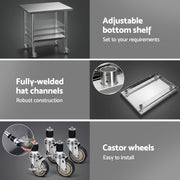 Cefito 914x762mm Stainless Steel Kitchen Bench w/ Splashback Work Table Prep Bench Commercial 430