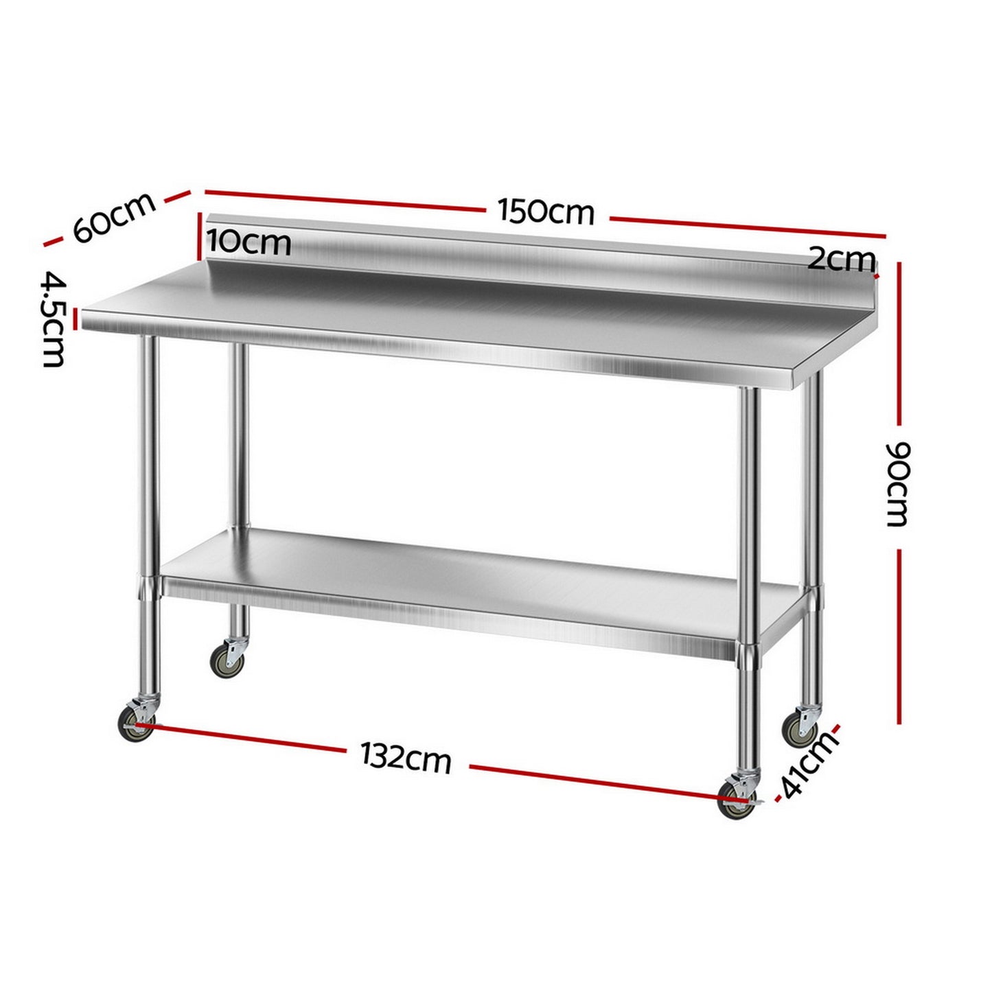 Cefito Stainless Steel Kitchen Bench w/ Splashback 1500x600MM 430 SSKB-430S-WHEEL-59H