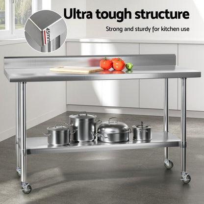 Cefito Stainless Steel Kitchen Bench w/ Splashback 1500x600MM 430 SSKB-430S-WHEEL-59H