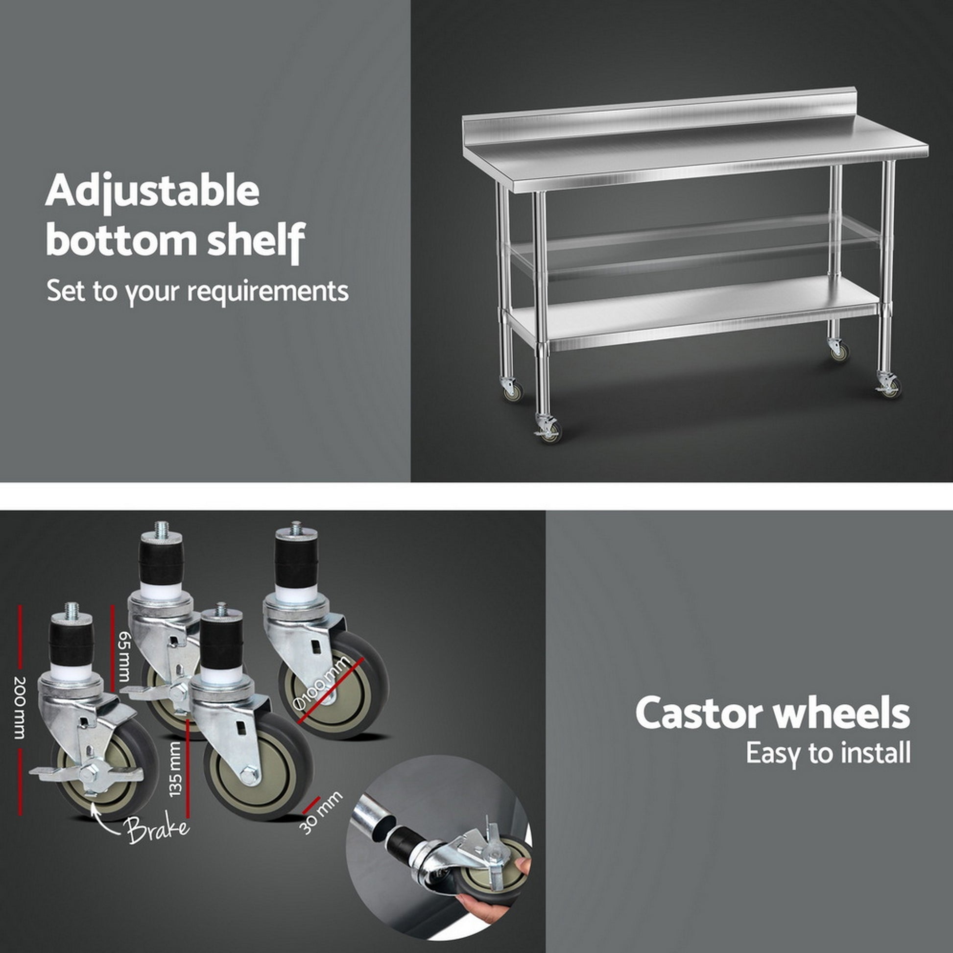 Cefito Stainless Steel Kitchen Bench w/ Splashback 1500x600MM 430 SSKB-430S-WHEEL-59H