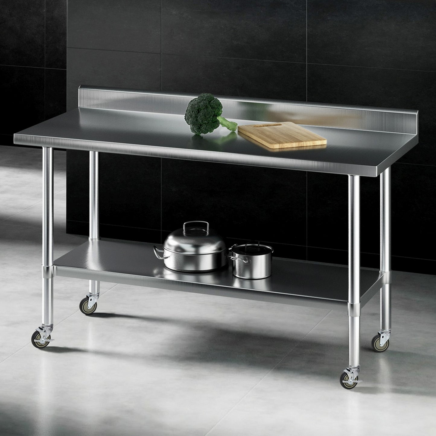 Cefito Stainless Steel Kitchen Bench w/ Splashback 1500x600MM 430 SSKB-430S-WHEEL-59H