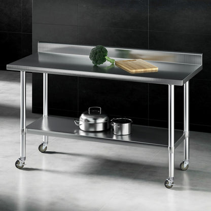 Cefito Stainless Steel Kitchen Bench w/ Splashback 1500x600MM 430 SSKB-430S-WHEEL-59H