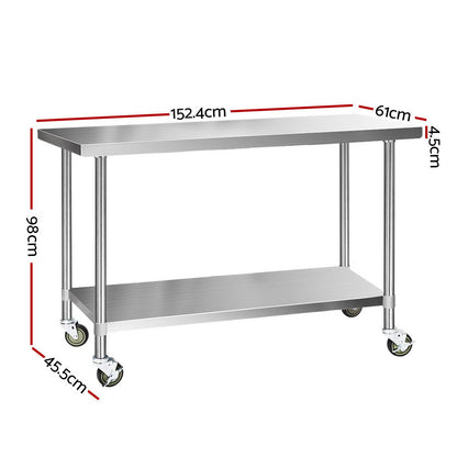 Cefito 1524x610mm Stainless Steel Kitchen Bench with Wheels 430 SSKB-430S-WHEEL-60
