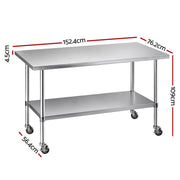 Cefito 1524x762mm Stainless Steel Kitchen Bench w/ Splashback Work Table Prep Bench Commercial 430