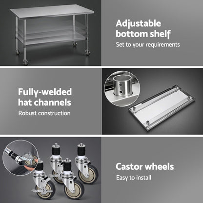 Cefito 1524x762mm Stainless Steel Kitchen Bench w/ Splashback Work Table Prep Bench Commercial 430